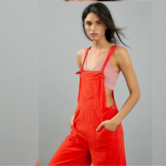 Red overalls, linen blend XL - Picture 1 of 8